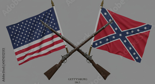 Battle of Gettysburg Concept with Union and Confederate Flags and Rifles – American Civil War Symbolism