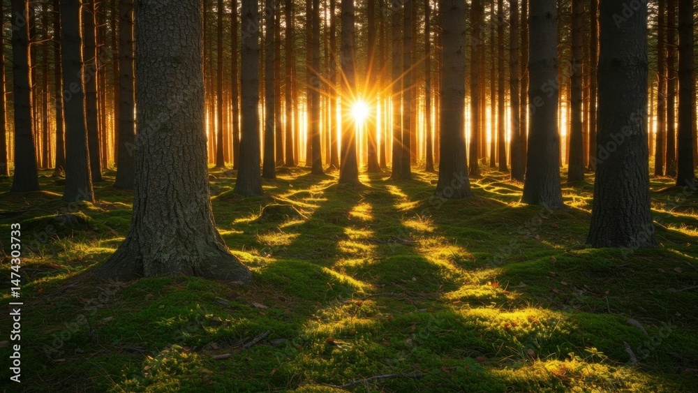 Fototapeta premium Sun shining through forest trees, woodland scene