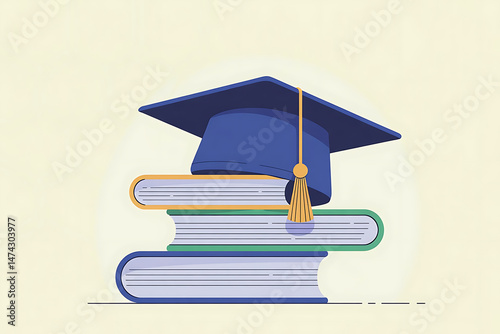 Academic graduation concept featuring mortarboard on stack of books for educational design