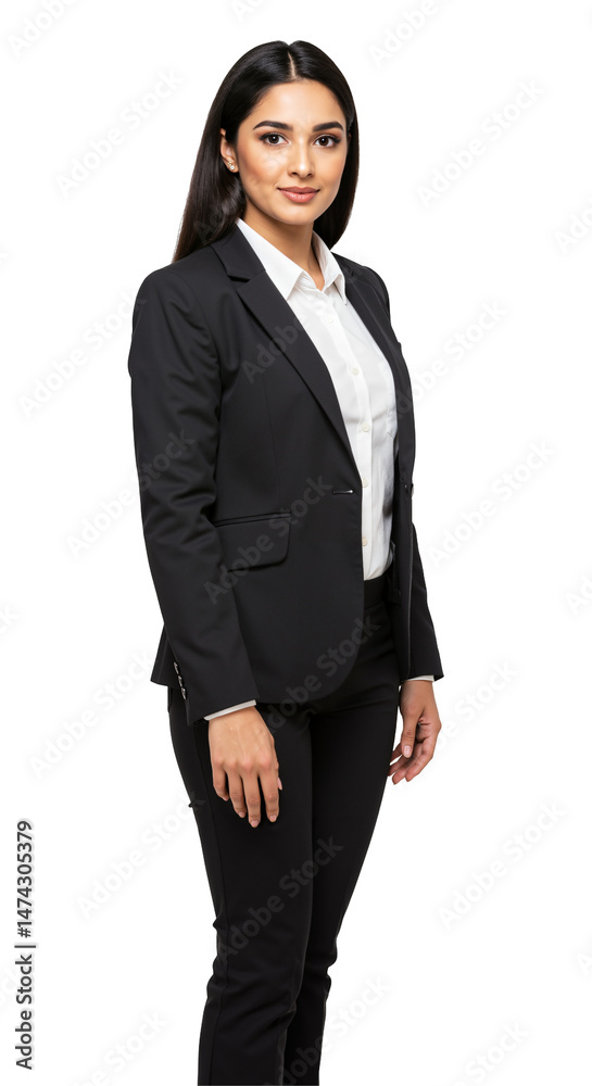 Confident young South Asian businesswoman in a black suit and white shirt standing against a transparent background, looking at the camera. Confident young South Asian businesswoman in a black suit and white shirt standing against a transparent background, looking at the camera.