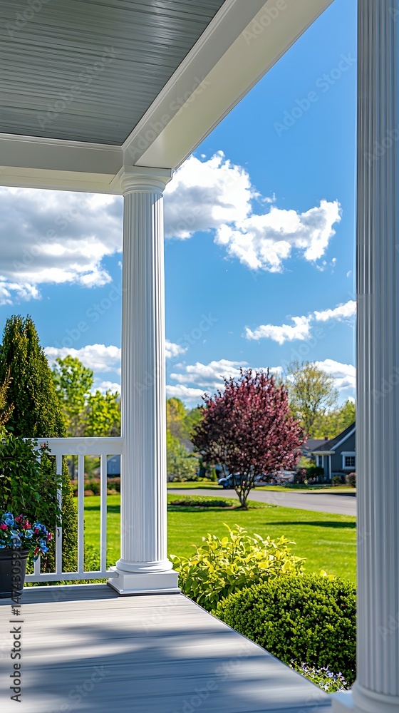 Naklejka premium Beautiful home front porch with green lawn in summer