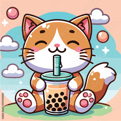 cute cat drinking boba milk tea cartoon vector icon illustration