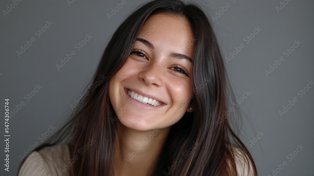 A young woman with long dark hair displays a joyful smile, radiating warmth and friendliness in a simple, neutral background. Her expression conveys happiness and approachability A young woman with long dark hair displays a joyful smile, radiating warmth and friendliness in a simple, neutral background. Her expression conveys happiness and approachability