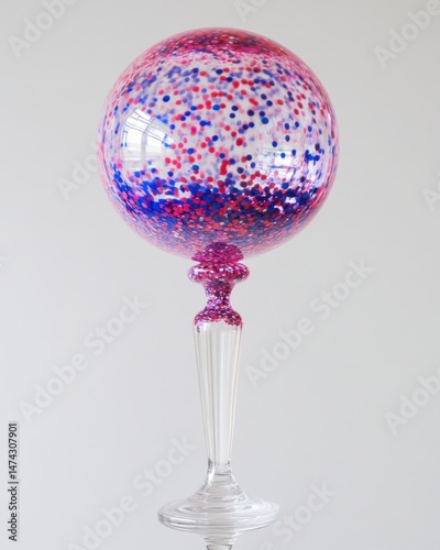 Elegant glass ornament with red white and blue confetti filling on white background studio shot
