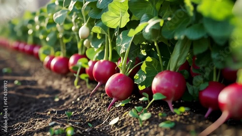 Radishes growing in garden rows