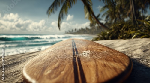 Wooden surfboard on sandy beach, ocean view