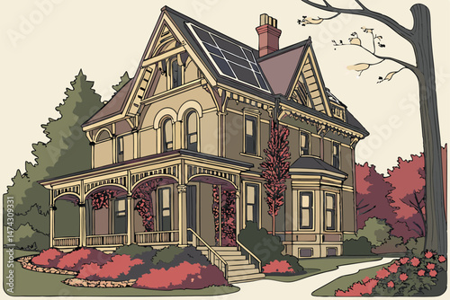 22 house, detailed architectural illustration, solar panels, vines, garden, plants, trees, landscape, intricate, photorealistic, highly detailed, vibrant colors, 3D render