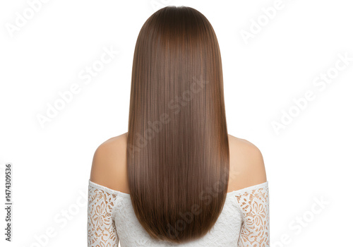 Woman with long smooth brunette hair isolated on transparent background