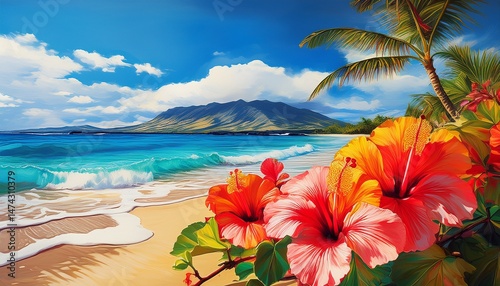 vibrant hibiscus blooms on sandy beach with blue ocean tropical maui hawaii vacation paradise scenic travel illustration