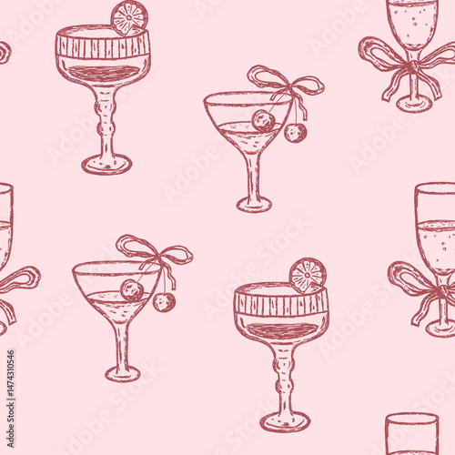 Seamless, pattern of glass for margarita coctail and champagne in whimsial sketch style on pink background