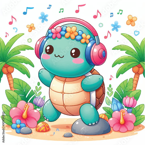 Cartoon turtle with headphones on a beach surrounded by flowers and palm trees listening to music