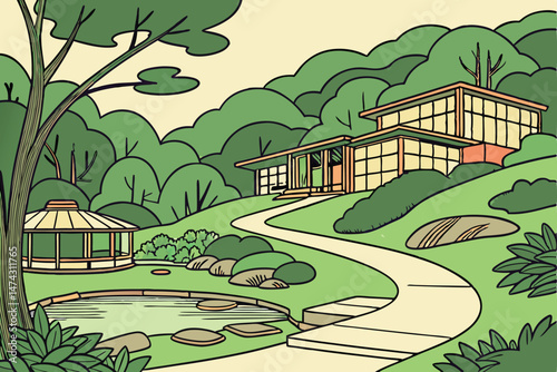 23 intricate landscaping, modern architecture, glass and wood buildings, winding pathways, lush green foliage, tranquil pond, serene natural setting, warm lighting, elevated terrain, harmonious integr