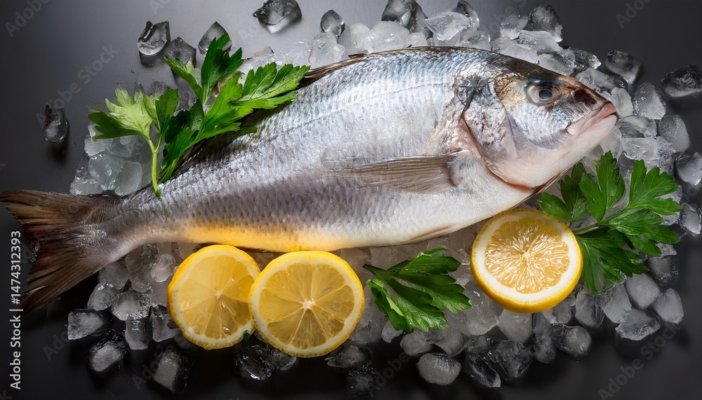 fresh fish on ice with lemon slices and parsley creating refreshing and appetizing display scene highlights freshness and quality of seafood perfect for culinary use fresh fish on ice with lemon slices and parsley creating refreshing and appetizing display scene highlights freshness and quality of seafood perfect for culinary use