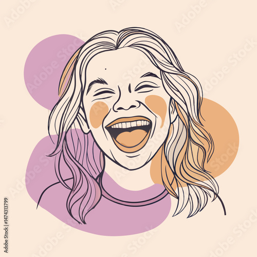 Blonde woman with long hair laughing with eyes closed.