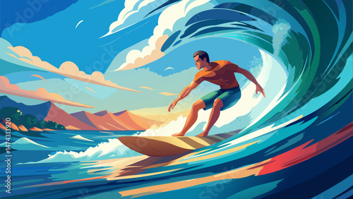 Dynamic Surfer Catching a Huge Wave at Sunset.