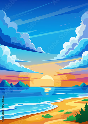 Beautiful sunset over the calm sea with colorful clouds and distant mountains.