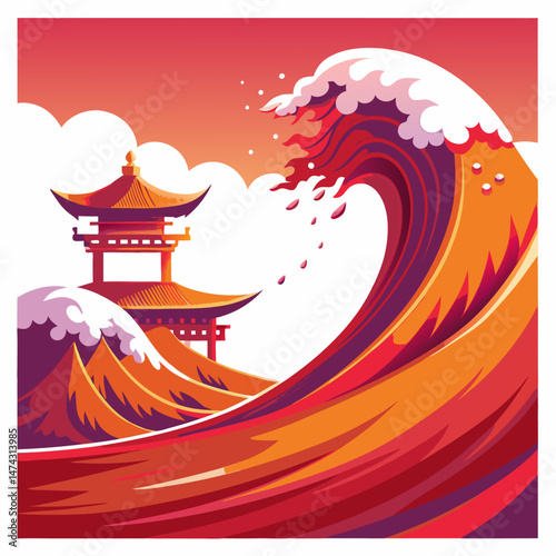 Giant Wave Crashing Against Mountain with Traditional Temple at Sunset.