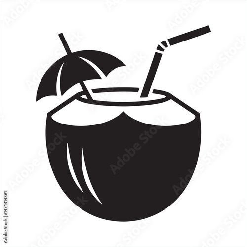 Coconut drink silhouette with straw and umbrella icon for tropical beach summer vacation clipart.