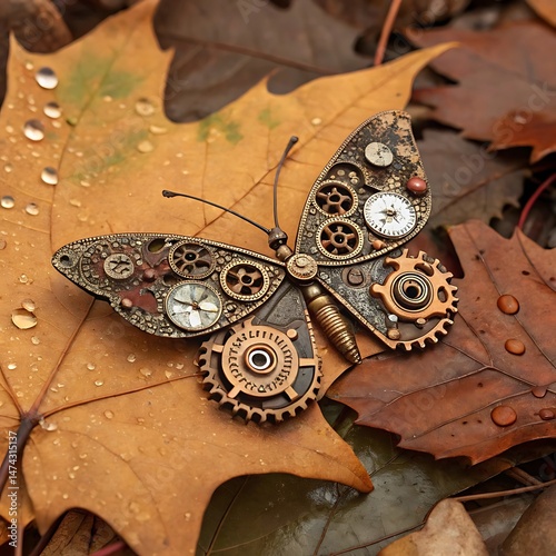 Brown Metallic Butterfly on Wet Autumn Leaves