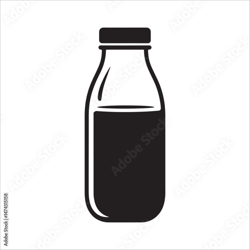 Black and white silhouette icon of a sealed bottle filled with liquid isolated on white background.