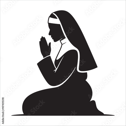Silhouette of praying nun in habit illustration, religious woman prayer pose vector art.
