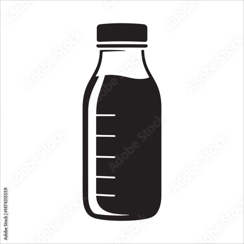 Black and white silhouette icon of a sealed bottle filled with liquid isolated on white background.