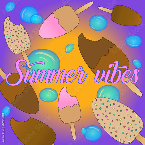 Greeting card illustration with a scene of a an ice cream on a stick, whole and with bite marks, and water bubbles. Summer vibes inscription. Ideal for holiday and food banner, or summertime design.