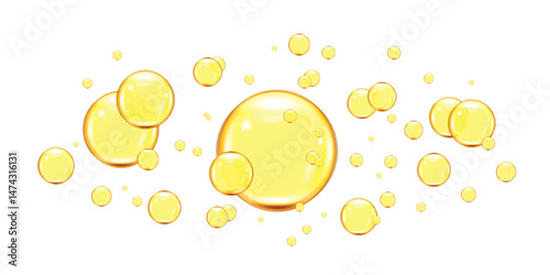 Golden yellow abstract oil bubbles or face serum, collagen vector background illustration