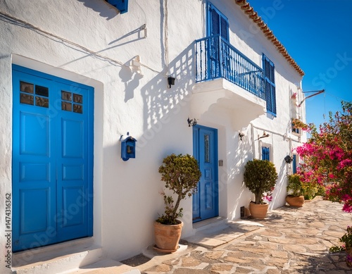 whitewashed mediterranean house vibrant blue shutters doors sunny day beauty design