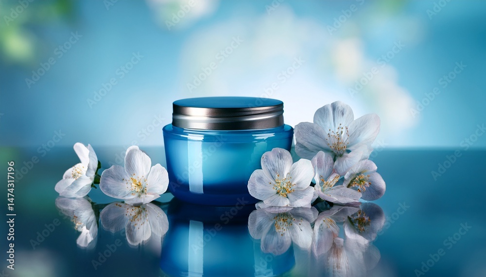 blue cream jar with flowers on reflective surface and background blue cream jar with flowers on reflective surface and background