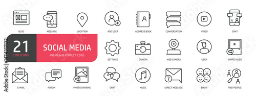 Set of line icons related to e-mail, message, blog, user, chat. Outline icons collection. Editable stroke. Vector illustration.