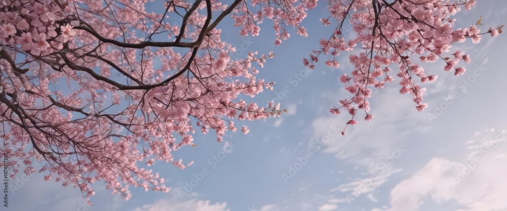 Fototapeta premium Soft pastel sky with gently falling pink sakura petals, creating a serene scene , petals, cherry, spring blossom