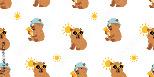 Seamless pattern with cute summer capybaras in various poses and items. Hand drawn cartoon flat style. Vacation seasonal template for design, kids collection