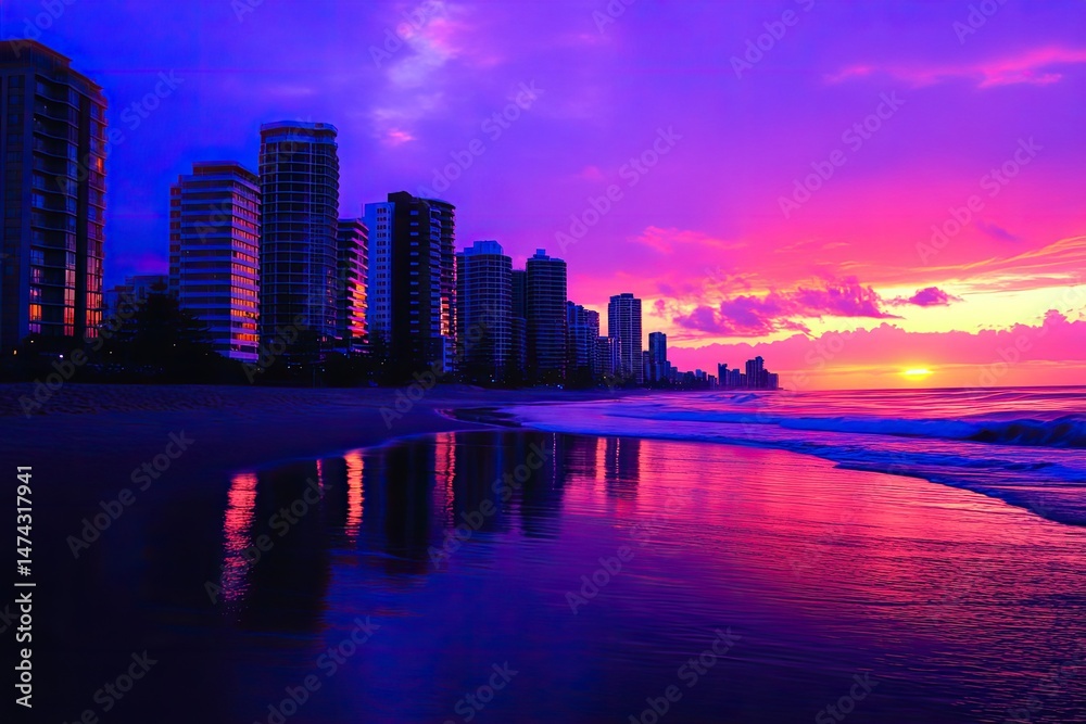 Fototapeta premium Coastal City Skyline at Vivid Sunrise Reflects on Wet Sand Beach With Ocean Waves