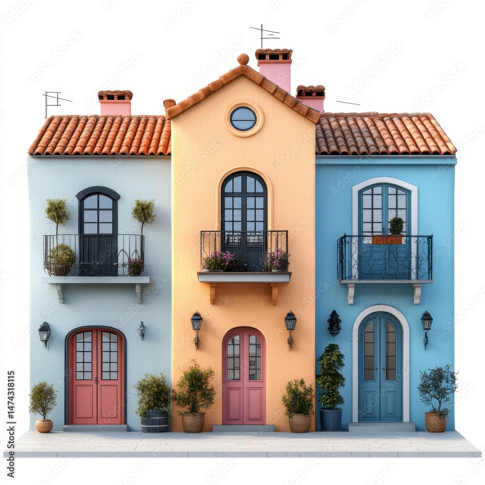 Fototapeta premium Three Colorful Mediterranean Houses with Terracotta Roofs and Balconies