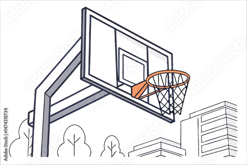 26 basketball hoop, metal frame, clear glass backboard, orange basketball net, sports equipment, outdoor sports, athletic, urban, modern, minimalist, clean design, 3d render