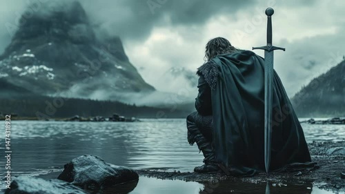 Mysterious Man in Black Cloak Standing in Water with Sword