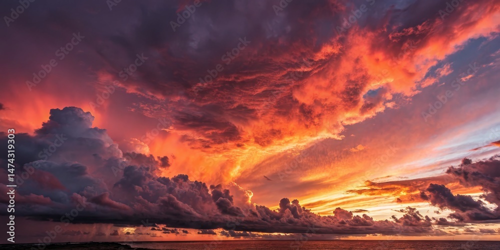 Fototapeta premium dramatic vibrant sunset sky clouds, majestic cloudscape sunrise, ethereal glowing heavenly atmosphere, stunning fiery colors sky horizon, epic cinematic nature landscape, awe-inspiring celestial skysc