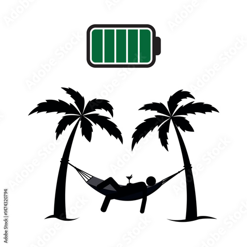 relaxed person on vacation with fully charged battery pictogram isolated vector illustration