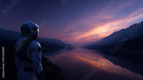 Astronaut Watching Sunset on Alien Planet