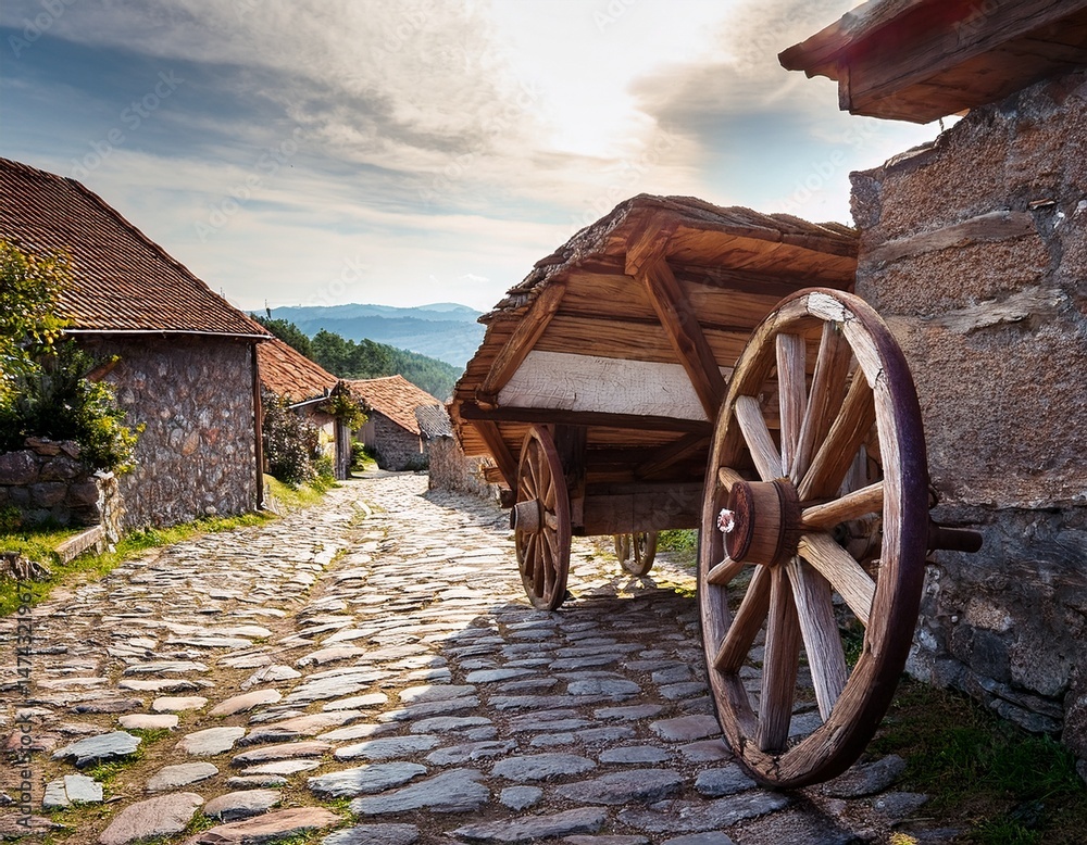 Obraz premium wooden cart wheel on a stone path in a historic village