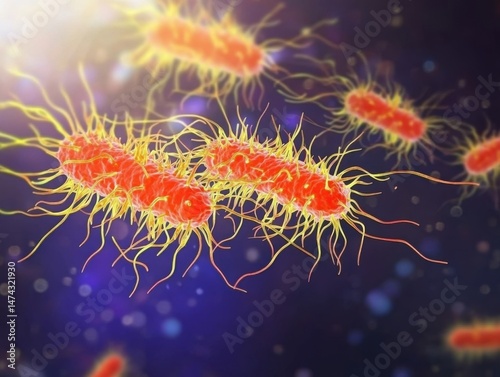 Microscopic view of salmonella bacteria with flagella in a dark blue environment close up illustration of pathogen cells