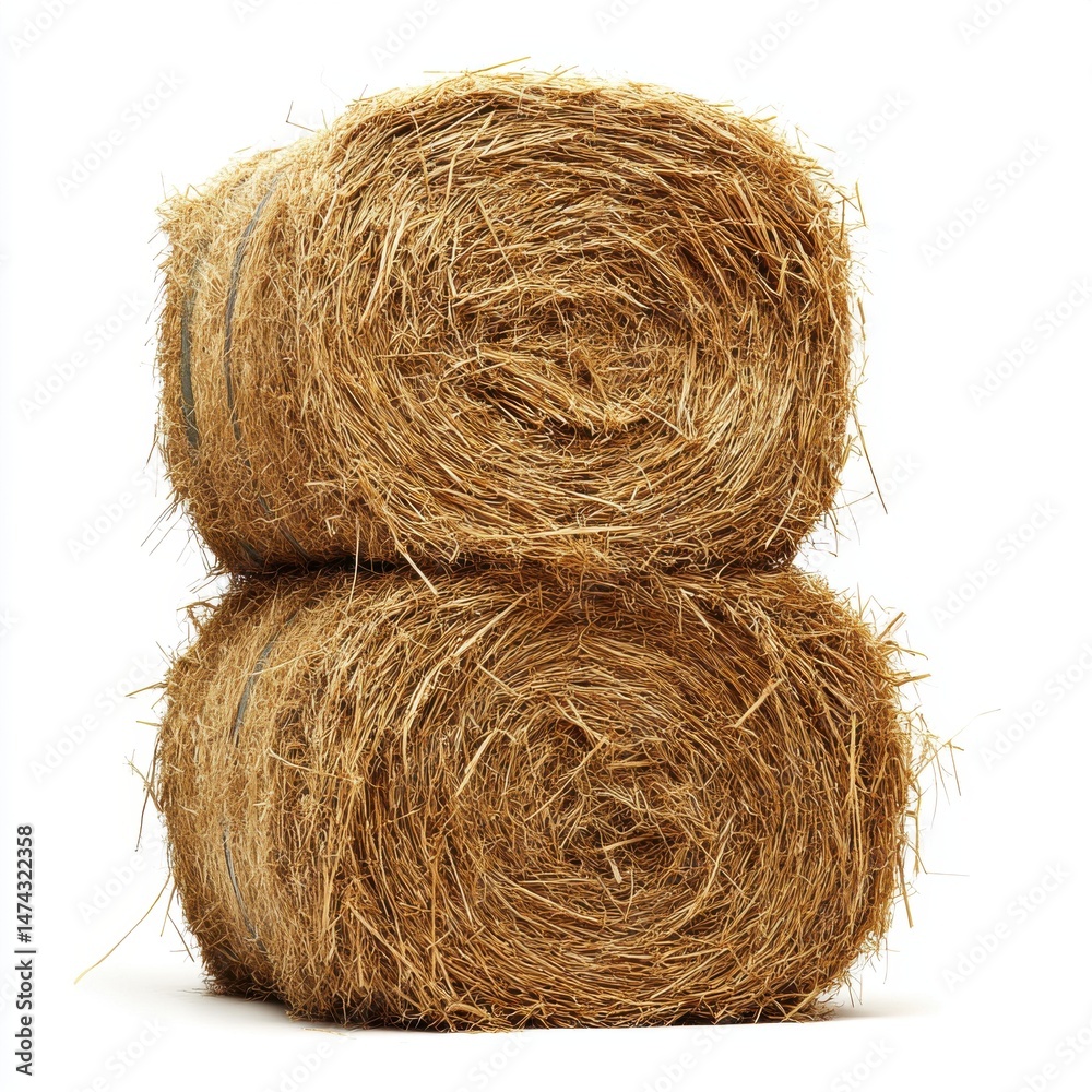 Two Stacked Golden Hay Bales on White Background Two Stacked Golden Hay Bales on White Background