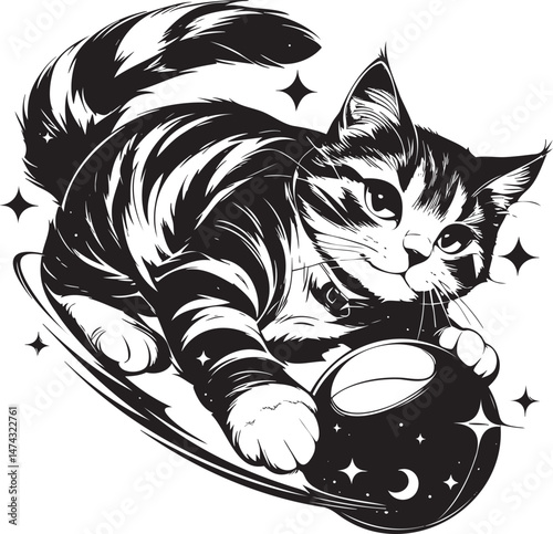 Playful tabby cat playing with a ball in dynamic black and white illustration