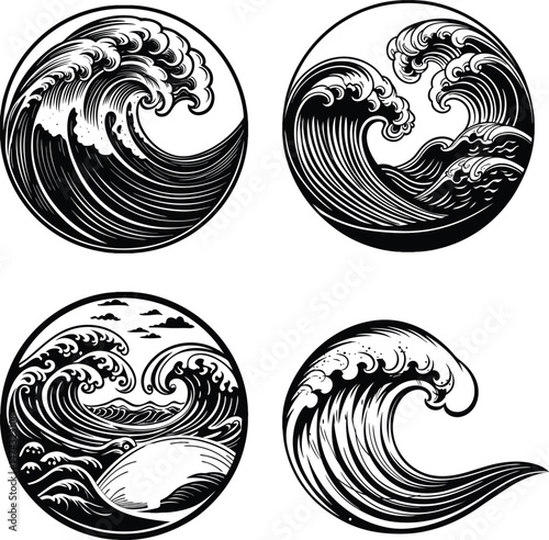 Minimalist black and white wave pattern, Japanese woodblock style, stylized ocean flow design, vector illustration, abstract aquatic motion, high contrast, smooth flowing lines, tattoo-style waves, cl