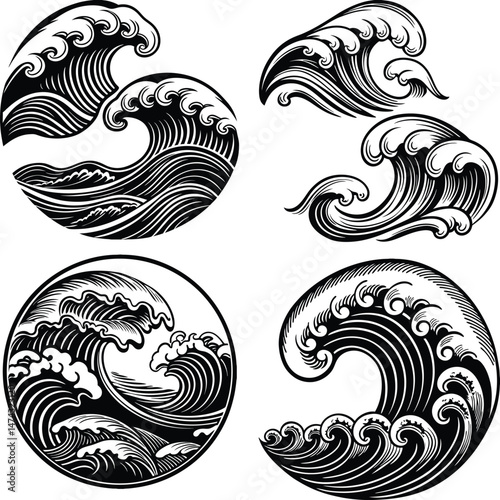 Minimalist black and white wave pattern, Japanese woodblock style, stylized ocean flow design, vector illustration, abstract aquatic motion, high contrast, smooth flowing lines, tattoo-style waves, cl
