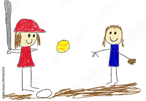 little girls playing softball kids drawing sketch crayon art