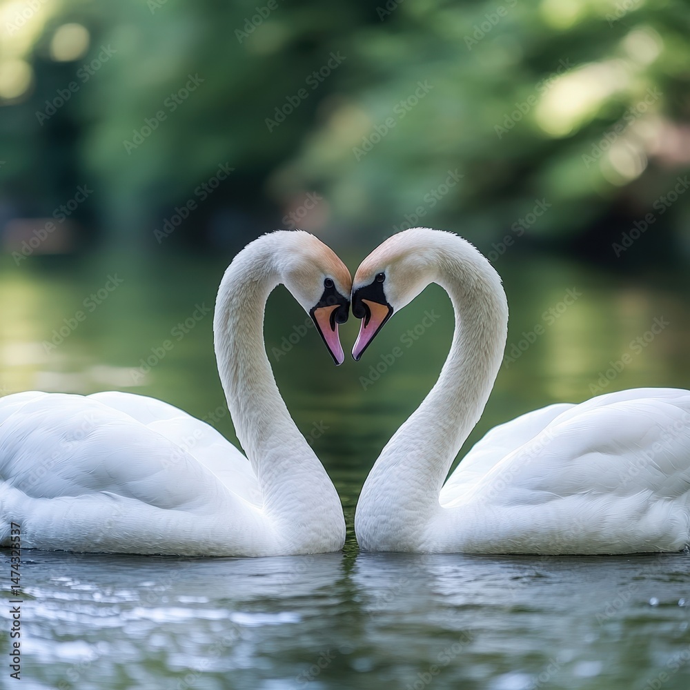 Two elegant swans gracefully arch their necks to form a heart shape, floating serenely on a tranquil lake, This image is perfect for themes of love, nature, and serenity in marketing materials, Two elegant swans gracefully arch their necks to form a heart shape, floating serenely on a tranquil lake, This image is perfect for themes of love, nature, and serenity in marketing materials,