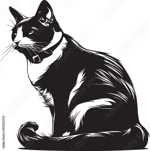 Monochrome drawing of cat sitting with upright posture and forward gaze
