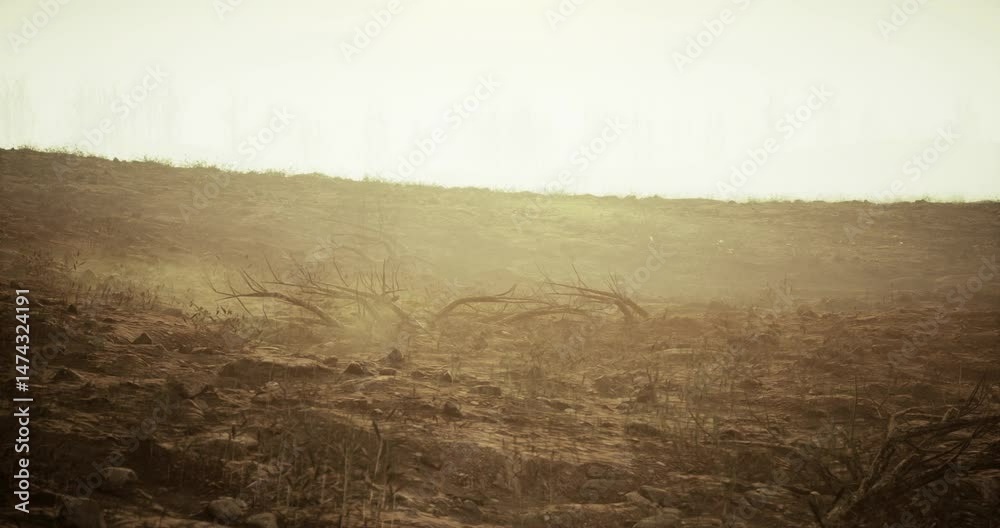 A desolate landscape with charred earth and remnants of vegetation under a hazy dusk sky. The remnants of a wildfire are visible, creating an eerie atmosphere.
